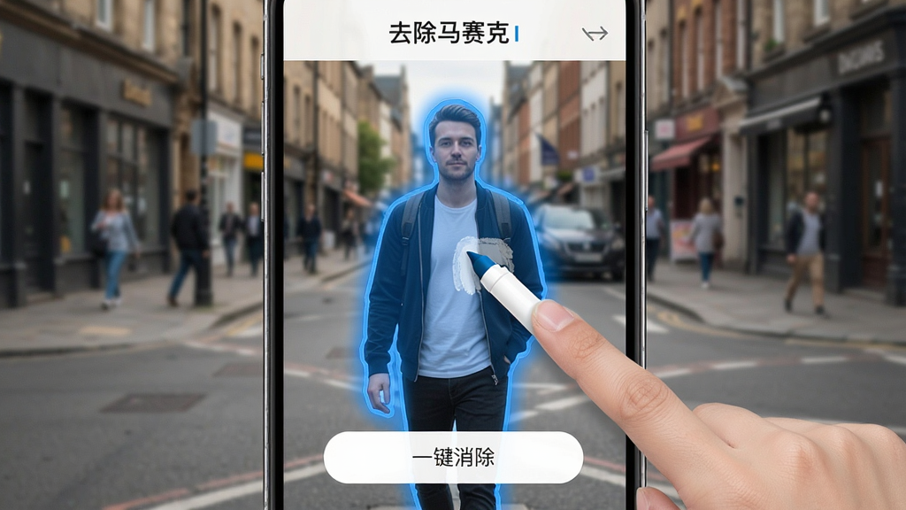 一张手机操作演示图,界面显示“去除马赛克”的AI消除笔功能,手指涂抹在图片中一个路人身上,路人被蓝色高亮标记,图片背景为街道风景,下方有“一键消除”按钮,整体风格简洁,画质高清,干净无多余元素