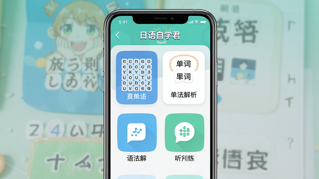 一幅展示日语自学君应用核心功能的宣传预览图,主体为手机界面截图,界面中清晰显示五十音图、单词卡片、语法解析、听力练习等模块图标,布局规整,色彩清新明快,风格为现代扁平化设计,细节丰富,画质清晰干净,无多余元素,界面文字标注“日语自学君”