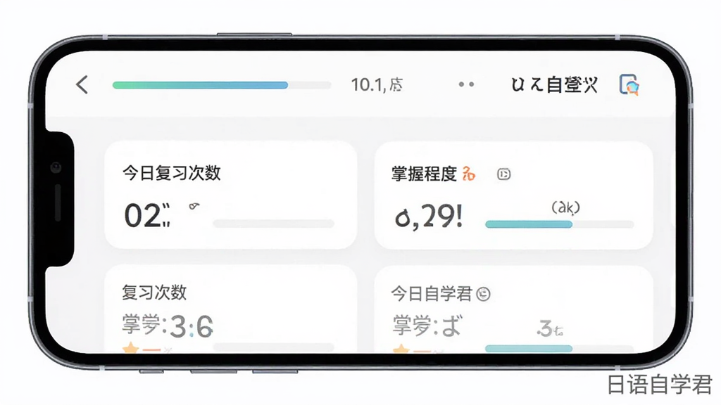 日语自学君应用智能复习界面预览,主体为手机屏幕,显示今日待复习单词卡片列表,卡片上标注了复习次数和掌握程度,界面顶部有进度条和统计数字,整体风格简约现代,色彩搭配舒适,画质清晰干净,屏幕角落有“日语自学君”水印