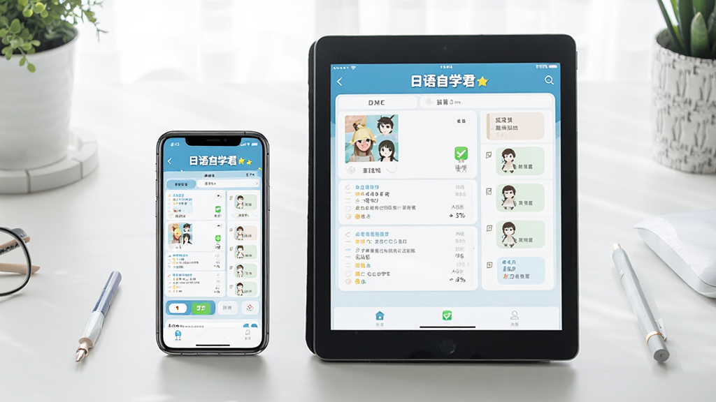 一张展示日语自学君应用在手机与平板设备上使用的场景图,主体为一部手机和一台平板并排摆放,屏幕中显示应用的学习界面,背景为整洁的书桌,整体风格明亮清晰,画质细腻干净,无多余元素,屏幕上有“日语自学君”字样