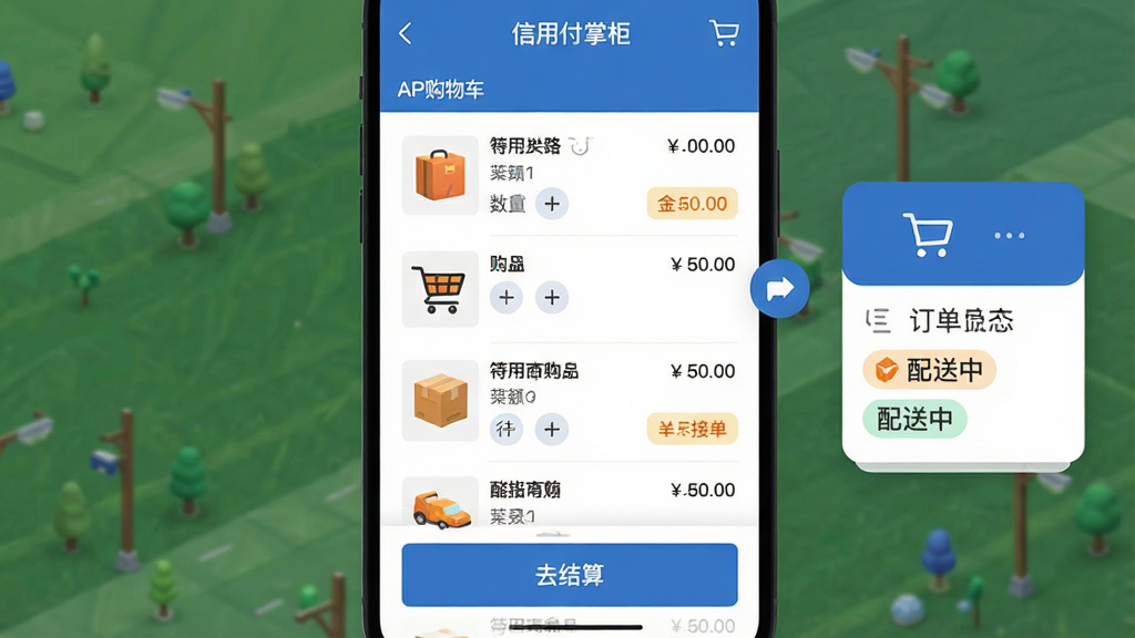 ���壺�����ø��ƹ�APP�Ĺ��ﳵ�Ͷ����������档���֣���Ļ������ʾ���ﳵ��Ʒ�б����·��С�ȥ���㡱��ť���Ҳ�������������ͼ�ꡣ�Ű棺�����Ĺ��ܷ�����ǿ�����ﳵ�Ͷ���ģ�顣��񣺱�ƽ��UI��ƣ���ɫ���ɫ���䡣ϸ�ڣ���Ʒ����ͼ�������Ӽ������ϼ������ɼ�������״̬��ע�����ӵ������������С��ȡ����ʣ����壬�ɾ����޶���Ԫ�ء�