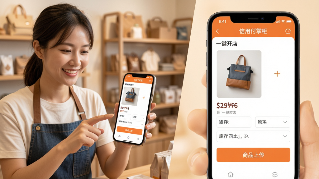���壺һλ�����������ֻ�������Ʒ���ϴ��������ø��ƹ񡱵��̺�̨�����֣���������ǵ��������ֻ��ĳ������Ҳ��ֻ���Ļ�Ŵ���ʾ�ϴ���Ʒ���棬�С�һ�����ꡱ������Ʒ�ϴ�����ť���Ű棺�Ա�ʽ��ͼ��ͻ����������ԡ�������дʵ�����ůɫ����ϸ�ڣ��������Ц�ݣ��ֻ���������ƷͼƬ���۸񡢿����ֶΣ������������ʵ����̡����ʣ����壬�ɾ����޶���Ԫ�ء�