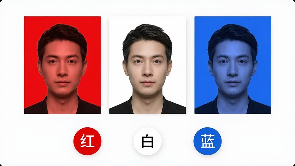 一张动态效果示意图,展示一张证件照的底色从红色切换为白色再切换为蓝色的过程,照片人物保持不动,背景颜色变化鲜明,画面下方有