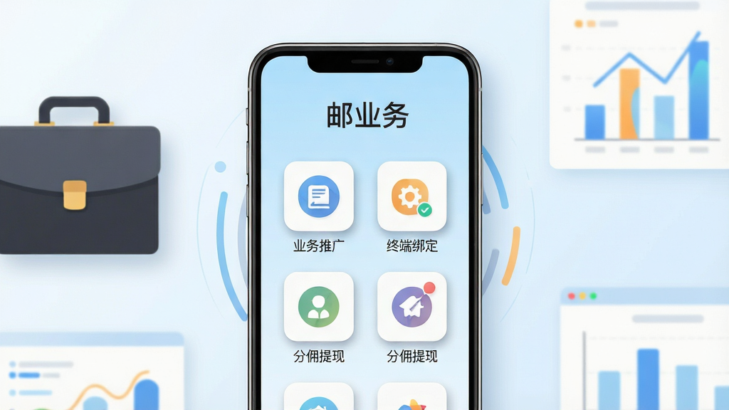 主体:手机屏幕展示邮业务APP主界面,界面顶部显示“邮业务”字样,下方排列着业务推广、终端绑定、分佣提现等功能图标,背景为淡蓝色渐变。布局:手机居中,屏幕内容清晰可辨,周围有简洁的商务元素点缀,如公文包、图表。排版:手机位于画面中央,四周留白,文字标签整齐排列。风格:现代扁平化,色彩明快,突出科技感与专业感。细节:屏幕内功能图标带有微阴影,边缘圆润,整体干净整洁。画质:高清渲染,画面纯净,无多余元素。