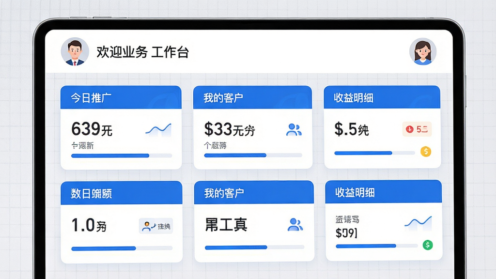 主体:邮业务APP的工作台界面,显示“今日推广”“我的客户”“收益明细”等卡片模块。布局:界面采用列表式布局,顶部为欢迎语和头像,下方依次排列功能卡片。排版:卡片等距分布,色彩以白色为主,辅以蓝色点缀。风格:简洁商务风,信息层级分明。细节:卡片内数据以数字和进度条展示,背景有淡灰色网格纹理。画质:高清,界面元素锐利,画面干净无冗余。