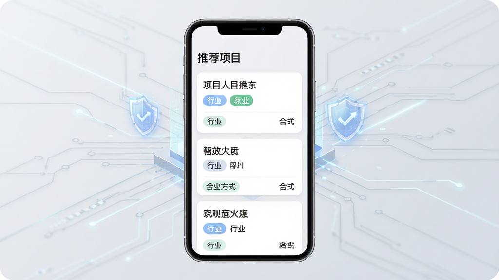 一张推巴克APP的智能推荐界面概念图,画面中央显示一个手机屏幕,屏幕上有“推荐项目”列表,每个项目卡片包含项目名称、行业标签和合作方式,背景为浅灰色科技感线条,整体风格简洁明亮,突出智能匹配的视觉元素,画质清晰,无多余内容。