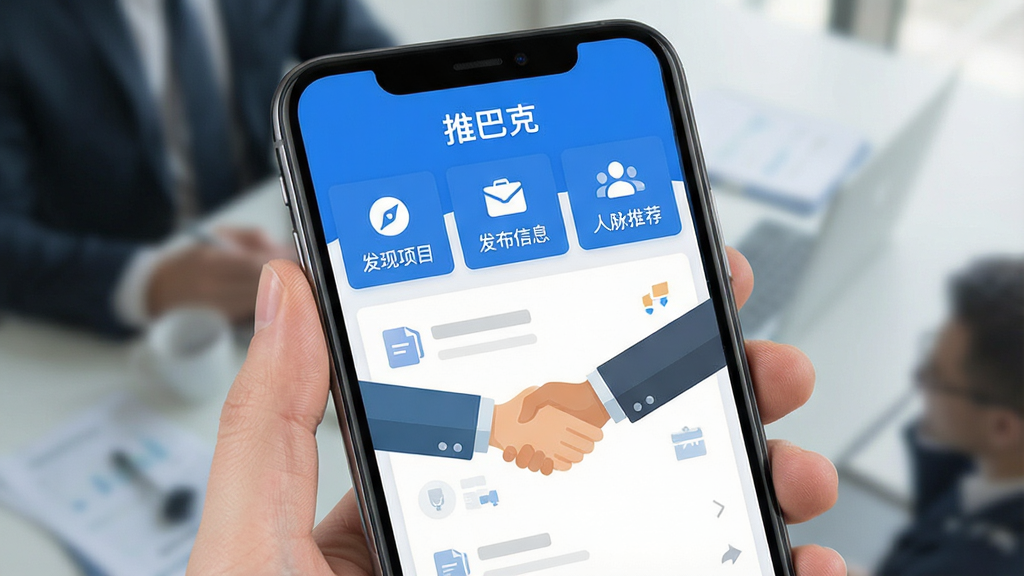 一张展示推巴克APP主界面的高清手机截图,界面以蓝色为主色调,顶部显示“推巴克”字样,下方排列着“发现项目”、“发布信息”、“人脉推荐”等主要功能模块,背景为简洁的商务风格,配有一些项目图标和合作握手元素,整体布局清晰,画质干净,无多余元素。