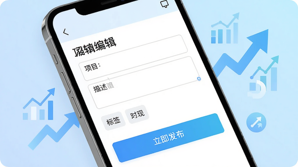 一张推巴克APP的信息发布功能示意图,手机屏幕上显示编辑发布页面,包含项目标题、描述、标签等输入框,旁边有“立即发布”按钮,背景为淡蓝色渐变,搭配一些数据上升的图标,寓意引流效果,整体设计现代美观,画质干净,无多余元素。