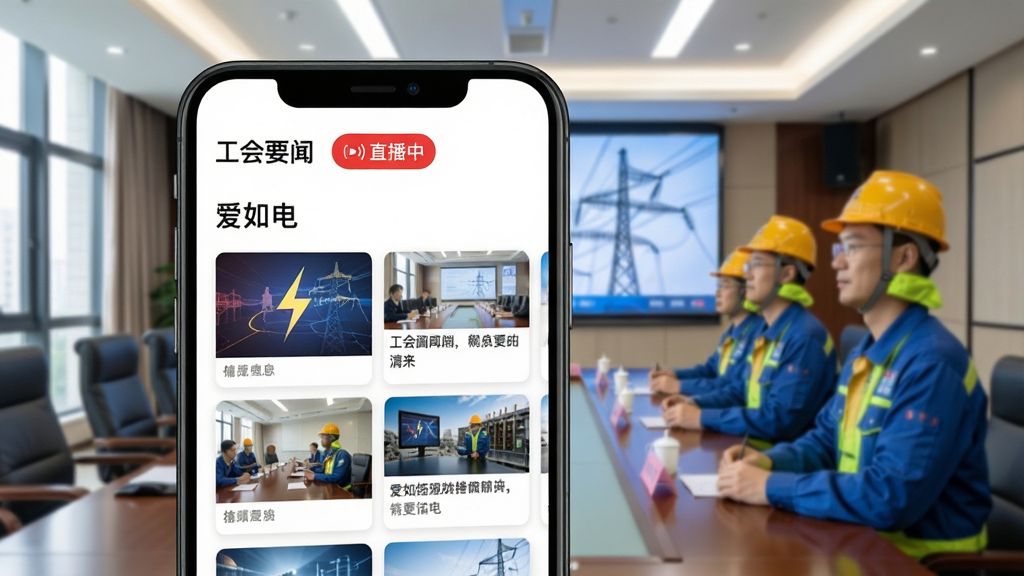 手机屏幕展示“爱如电”信息窗页面,页面顶部有“工会要闻”和“直播中”红色标签,下方是图文卡片列表,背景是会议室和电力工人观看直播的场景,画面明亮,细节丰富,画质清晰,无多余元素