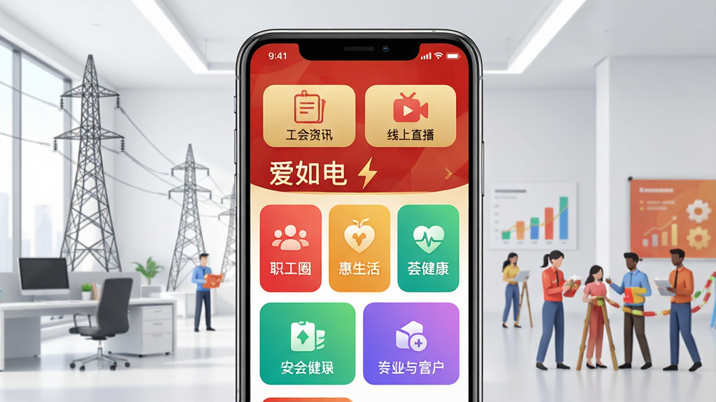 画面中央展示一款名为“爱如电”的智能手机应用界面,界面以红色和金色为主色调,顶部显示“工会资讯”和“线上直播”图标,下方排列“职工圈”“惠生活”“荟健康”等彩色功能模块,背景为现代简约的办公场景,有电力塔和职工活动元素,整体明亮清晰,画质高清,干净无多余元素