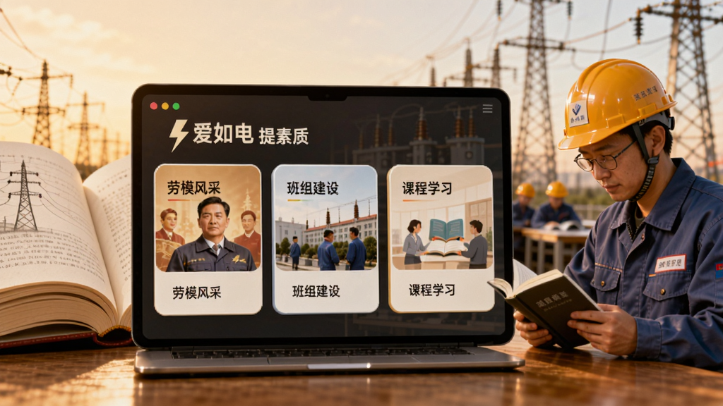 展示“爱如电”提素质界面,界面内有“劳模风采”“班组建设”“课程学习”三个卡片,背景是一本翻开的书和电力工人学习场景,色调温暖,细节丰富,画质高清