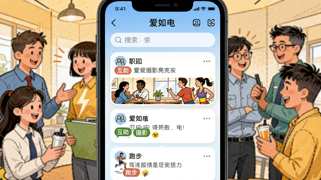 手机界面展示“爱如电”职工圈,顶部搜索栏,下方瀑布流卡片展示职工动态,有“互助”“摄影”“跑步”等话题标签,背景为职工们热烈交流的漫画风格,色彩明亮,画质干净