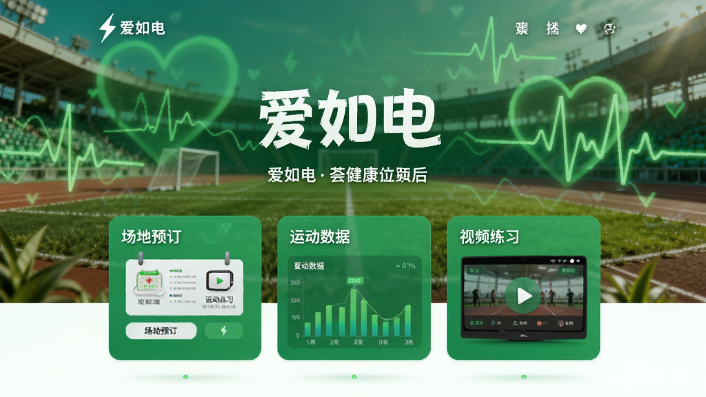 展示“爱如电”荟健康页面,页面有“场地预订”“运动数据”“视频练习”三个模块,背景是运动场和心率图标,绿色调为主,画面充满活力,画质高清