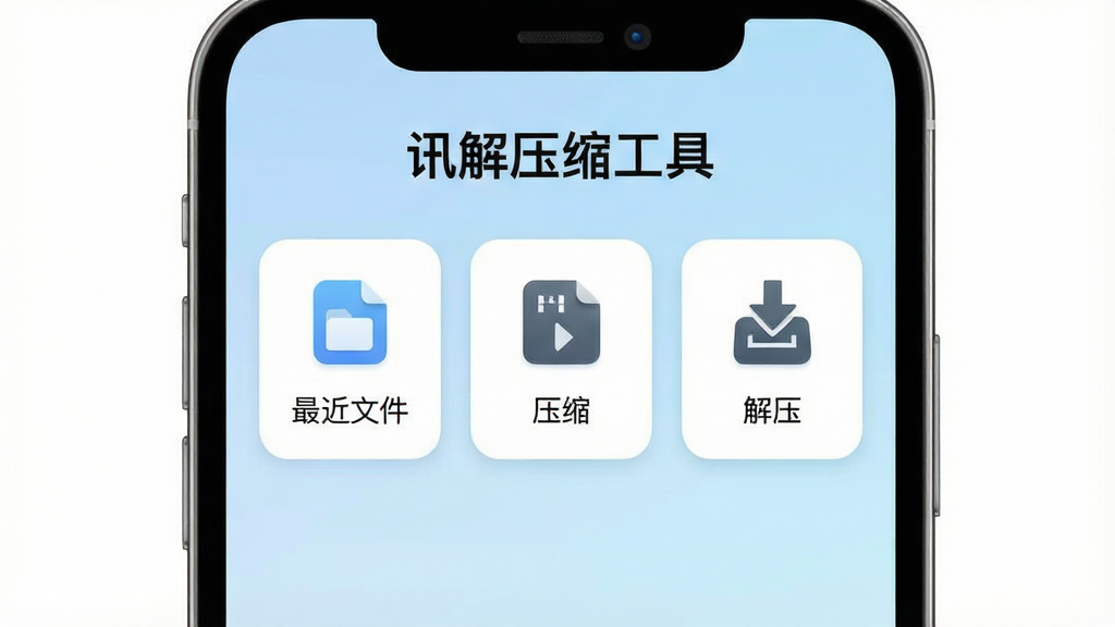 一张智能手机屏幕展示讯解压缩工具主界面,界面顶部显示“讯解压缩工具”字样,下方列出“最近文件”、“压缩”、“解压”等功能卡片,背景为简洁的浅蓝色渐变,整体风格现代简约,图标采用圆角设计,画质清晰,干净,无多余元素