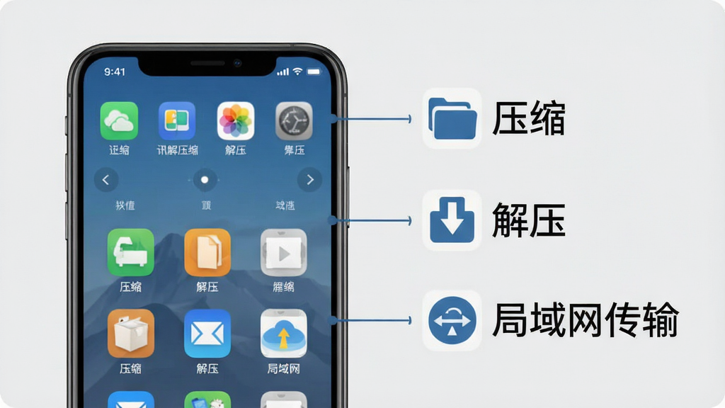 讯解压缩工具使用技巧示意图,手机屏幕显示应用主界面,旁边有文字标注“压缩”、“解压”、“局域网传输”等要点,背景为浅灰色,画质干净,无多余元素