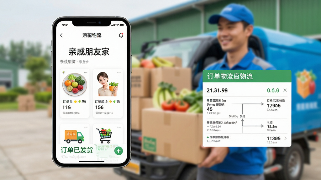 主体:一部手机显示“亲戚朋友家”的购物车界面,旁边有一张订单物流信息图,背景是快递员正在搬运农产品。布局:手机和物流图并排,背景虚化。排版:清晰展示购物流程。风格:简洁现代,色彩明快。细节:手机屏幕上显示“订单已发货”,物流信息清晰。画质:高清,干净。