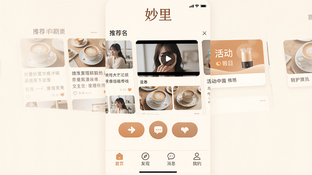 妙里APP主界面展示,采用简约现代风格,以暖色调为主,界面布局清晰,上方为推荐内容瀑布流,包含文章、视频、活动卡片,中间有社交互动按钮,底部导航栏分为首页、发现、消息、我的四个模块,整体画面干净无多余元素,画质高清,突出“妙里”品牌标识,文字标签“妙里”置于顶部中央,风格优雅舒适