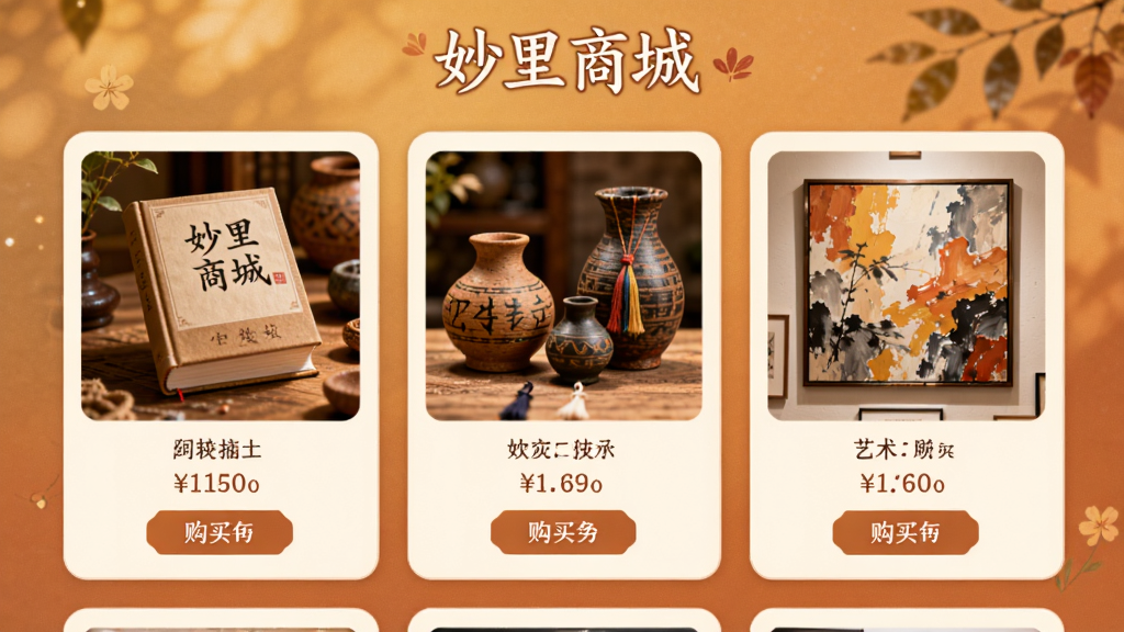 妙里商城页面,展示文化商品列表,包括书籍、手工艺品、艺术画作,每个商品有图片、价格和购买按钮,页面采用暖色背景,卡片式布局,商品图片精美,整体风格温馨,顶部有“妙里商城”字样,画质高清