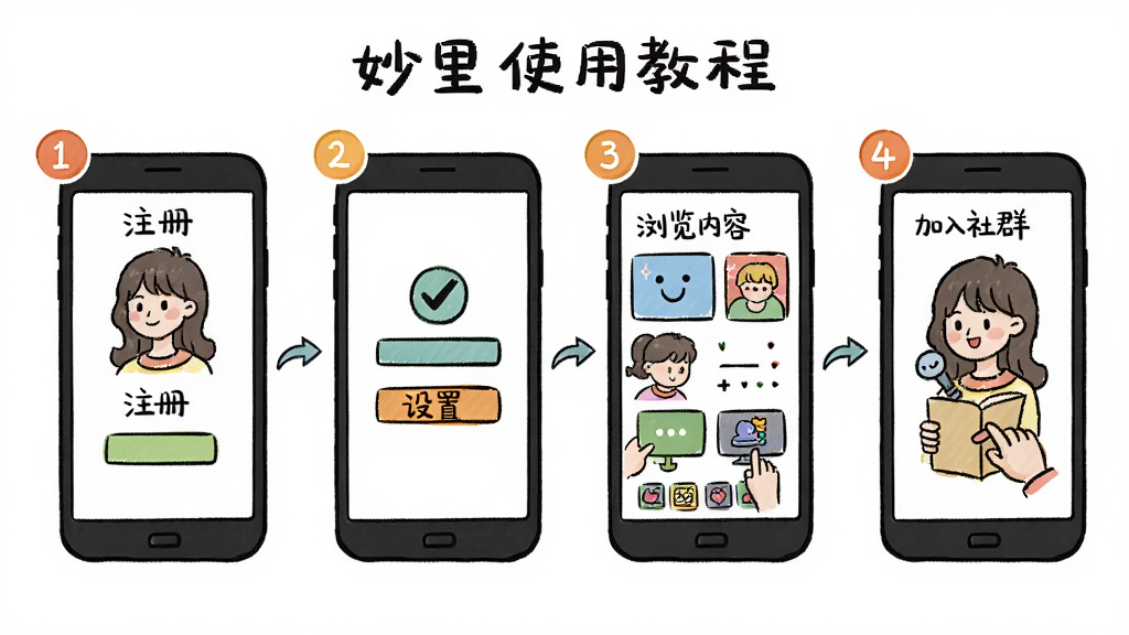 妙里使用教程图示,展示手机屏幕上的应用操作步骤,包括注册、设置兴趣、浏览内容、加入社群等流程,以手绘风格插图呈现,线条简洁,色彩明快,每步有编号标注,整体清晰易懂,画质干净,无多余元素
