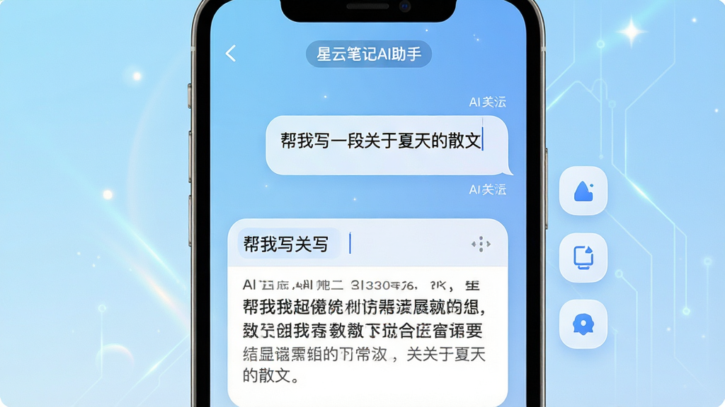 主体:星云笔记AI功能演示,手机屏幕显示AI对话界面,输入框内输入“帮我写一段关于夏天的散文”,下方AI生成优美文字,界面右侧悬浮功能按钮。布局:居中显示对话气泡,上方有“星云笔记AI助手”标签。风格:科技感与温馨结合,浅蓝渐变背景。细节:文案清晰,字体美观,画面干净无杂物,画质高清。