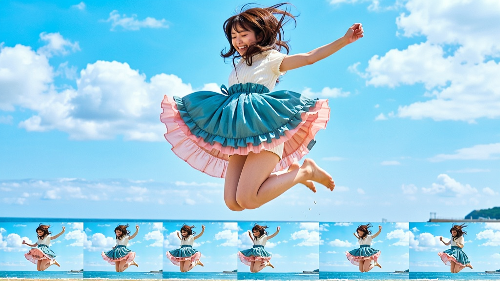 ����Ϊһ�Ŷ�̬��ƬչʾЧ��ͼ��������һλ��Ů�ں�����Ծ��ȹ�ڷ��������������ơ���Ƭ�·���һ������֡����ʾ��������������Ϊ���½ṹ���Ϸ�����ͼ���·��Ƕ����ֽ�֡���Ű�������죬ɫ�����ޱ��͡������������붯�У�ϸ�ڲ�׽�����﷢˿���½ǵ�Ʈ��������ϸ�壬�ɾ��޶���Ԫ�ء�