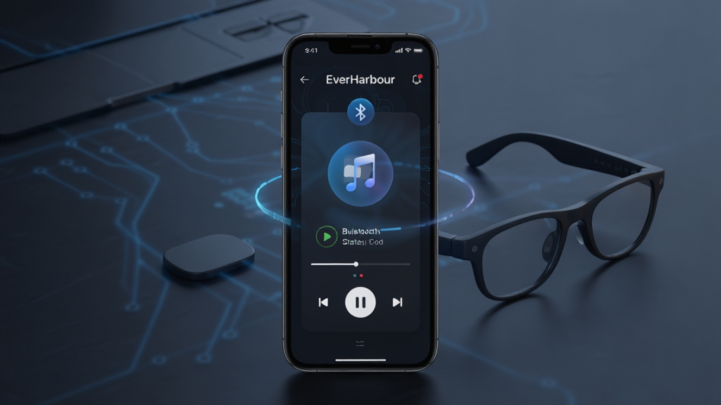 EverHarbour智能音频眼镜伴侣应用主界面,展示蓝牙连接状态与音乐控制面板,现代简约风格,深色背景搭配蓝色科技光效,界面清晰,画质细腻,主体为智能手机与智能眼镜的联动场景,布局居中,排版整洁,细节丰富,干净无多余元素