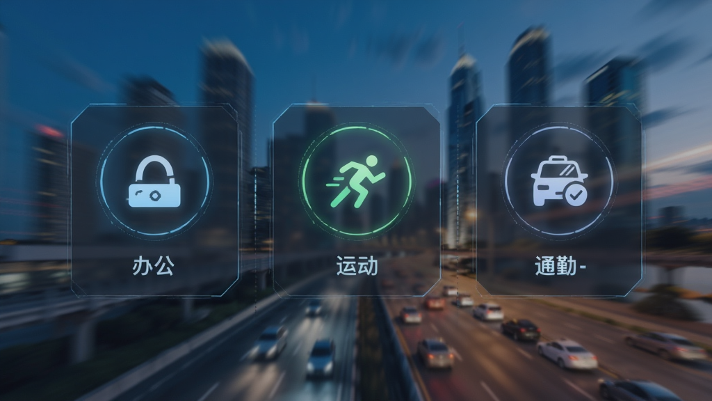 EverHarbour应用场景模式切换界面,展示办公、运动、通勤三种模式图标,背景为动态模糊的城市风光,布局分栏,排版清晰,风格科技感,细节丰富,画质细腻,干净无多余元素