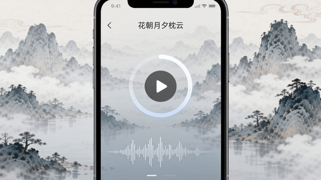 花朝月夕枕云功能界面,主体是手机应用内的音频播放页面,背景是云雾缭绕的山水画,中央有播放按钮和呼吸引导圆环动画,布局居中,排版简洁,风格静谧唯美,细节展示音频波形图,画质细腻,干净,无多余元素