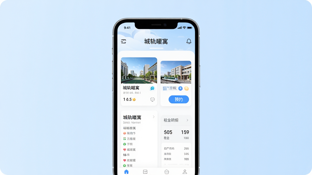 城轨曦寓APP手机界面展示,主体为一部智能手机屏幕放大图,屏幕内显示城轨曦寓首页列表,包含房源卡片、预约按钮、租金明细等模块,背景为浅蓝色渐变,布局居中,排版清晰,风格现代简约,细节突出APP名称“城轨曦寓”字样,画质高清,干净无多余元素