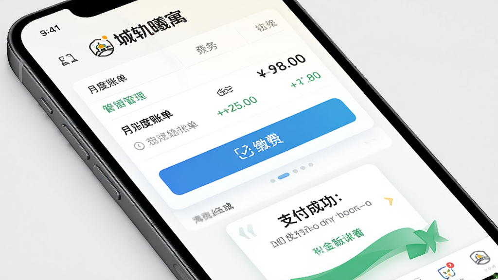城轨曦寓APP租金管理界面展示,主体为手机屏幕特写,屏幕内显示月度账单列表、缴费按钮和支付成功提示,背景为浅灰色,布局纵向排列,排版清晰,风格清爽,细节突出“城轨曦寓”logo和金额数字,画质高清,无多余元素