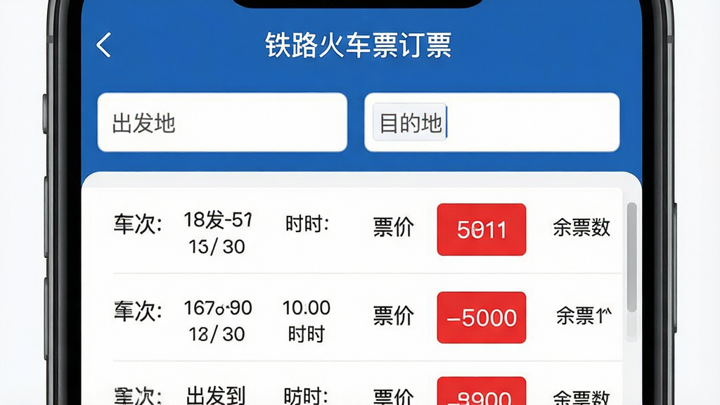���壺��·��Ʊ��ƱAPP�Ļ�Ʊ��ѯ���ҳ�档���֣��ֻ���Ļ�Ŵ�չʾ���Ϸ�Ϊ�����ء�Ŀ�ĵ�������·�Ϊ�����б����������κš���������ʱ�䡢��ʱ��Ʊ�ۡ���Ʊ�����Ű棺�б�������ÿ����Ϣ���룬Ʊ���ú�ɫͻ����ʾ����񣺼������磬��ɫ���ɫ��ɫ��ϸ�ڣ���Ļ������ʾ����·��Ʊ��Ʊ�����ƣ��б�����״̬�����ʣ����塢�ɾ����޶���Ԫ�ء�