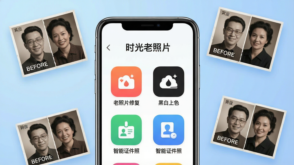 一张展示“时光老照片”软件核心功能的预览图,画面中央是一部智能手机,屏幕显示软件主界面,界面顶部有“时光老照片”字样,下方排列着“老照片修复”、“黑白上色”、“智能证件照”等彩色图标,背景是柔和渐变蓝色,周围漂浮着几张修复前后的对比照片,风格简洁现代,UI设计精致,画质高清,干净无多余元素