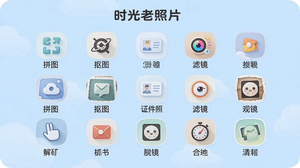 一张展示“时光老照片”多功能工具集的预览图,手机屏幕以网格形式展示各种功能图标,如“拼图”、“抠图”、“证件照”、“滤镜”等,每个图标下方有中文标签,背景为浅蓝色,布局整齐,UI风格圆润,画质高清,干净无多余元素