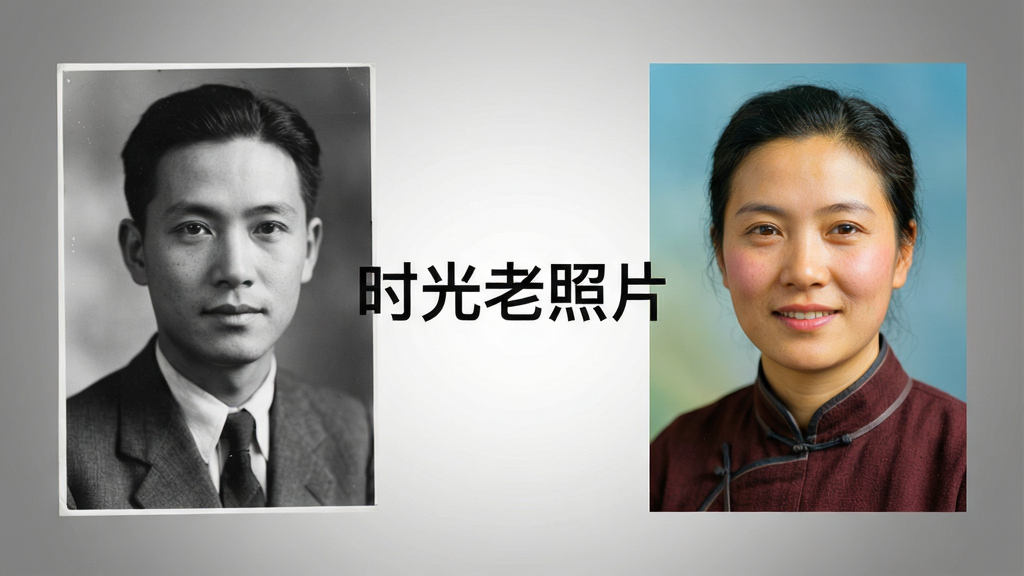 一张展示“时光老照片”黑白上色功能的创意图片,画面左侧是黑白人像照片,右侧是同一张照片上色后的彩色效果,色彩鲜艳自然,背景是渐变灰色,中央有“时光老照片”字样,布局左右对比,风格简约,画质高清,干净无多余元素