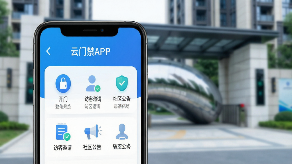 一张智能手机屏幕展示云门禁APP主界面,界面风格简洁现代,顶部显示“云门禁APP”字样,下方有“开门”“访客邀请”“社区公告”等清晰的功能图标,背景是模糊的现代化小区大门,整体色调以蓝白为主,画面干净明亮,突出安全、智能、便捷的氛围。