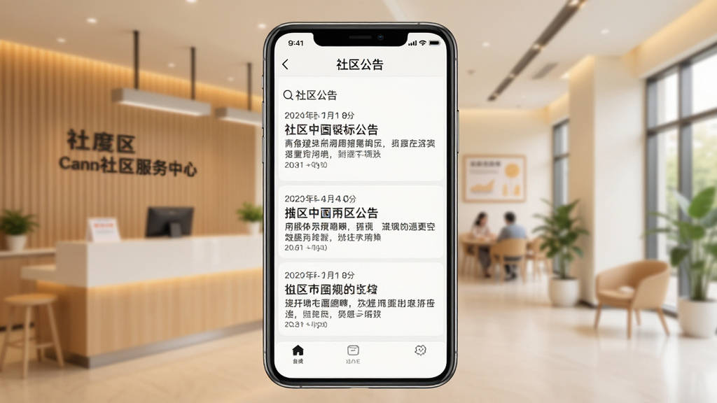 一张手机屏幕截图,显示云门禁APP的“社区公告”列表,每条公告带有时间、标题和摘要,界面排版清晰,背景是简洁的社区服务中心场景,色调温暖,画面干净,突出信息传达的直观性。
