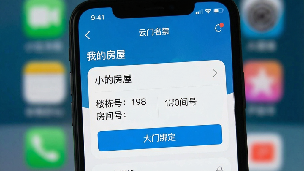 一张手机截图展示云门禁APP的“我的房屋”页面,上面显示小区名称、楼栋号、房间号,背景是模糊的手机桌面,画质干净,突出绑定流程的清晰性。
