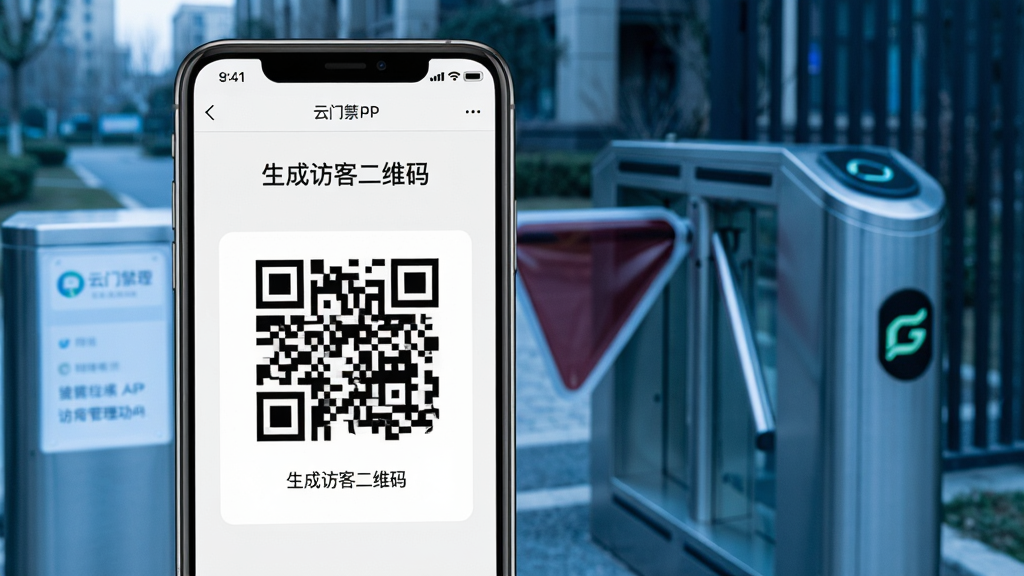 一张手机界面展示云门禁APP的访客管理功能,屏幕上显示“生成访客二维码”的页面,二维码清晰可见,背景是小区入口的门禁闸机,色调冷峻,画质干净,突出安全管理的严谨性。