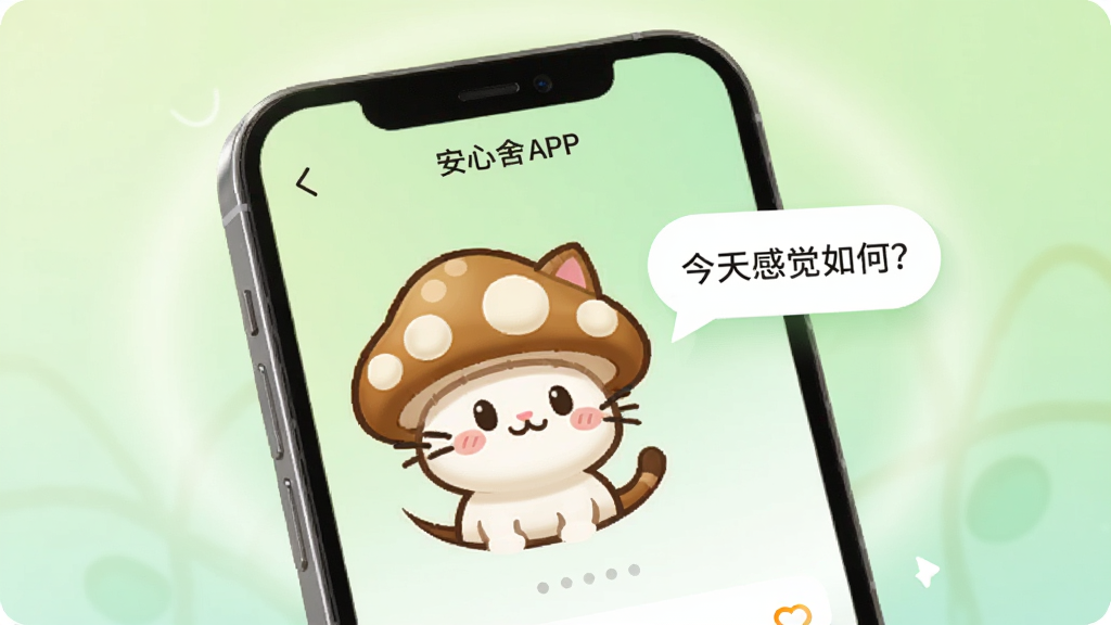 手机屏幕显示安心舍APP的AI对话界面,一只蘑菇喵卡通形象在屏幕中微笑,旁边有气泡框显示“今天感觉如何?”。整体UI设计简洁清新,背景为淡绿色渐变,带有柔和的光晕。画质干净,无多余元素。