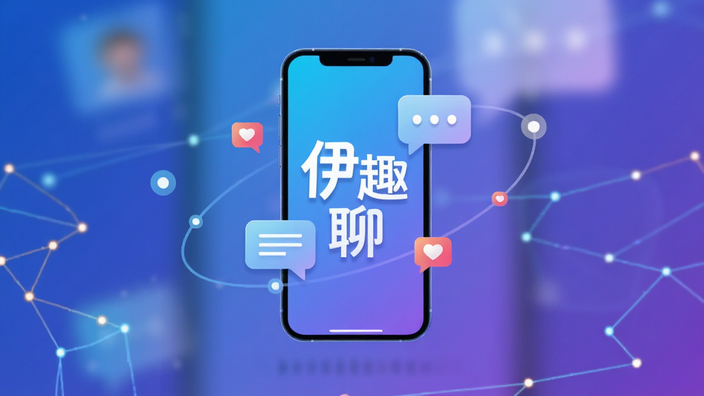 高清数字插画风格,画面主体为一部悬浮在空中的智能手机,手机屏幕显示“伊趣聊”三个字,旁边有对话气泡和爱心图标。背景为模糊的渐变蓝色与紫色,营造出科技感与社交氛围。布局采用手机居中构图,周围环绕着抽象的光点和连接线条,象征社交网络。画面干净,无多余元素,色彩明快,细节丰富,画质高清。