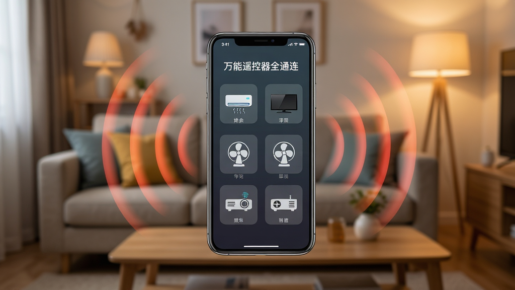 画面主体为一部智能手机悬浮在温馨客厅中央,屏幕显示“万能遥控器全通连”主界面,界面中整齐排列空调、电视、风扇、投影仪等家电图标,手机周围环绕着半透明的红外信号波纹,背景为模糊的沙发、茶几和暖色灯光,整体布局中心对称,风格写实且带有科技感,细节丰富,画面干净无多余元素,画质高清。