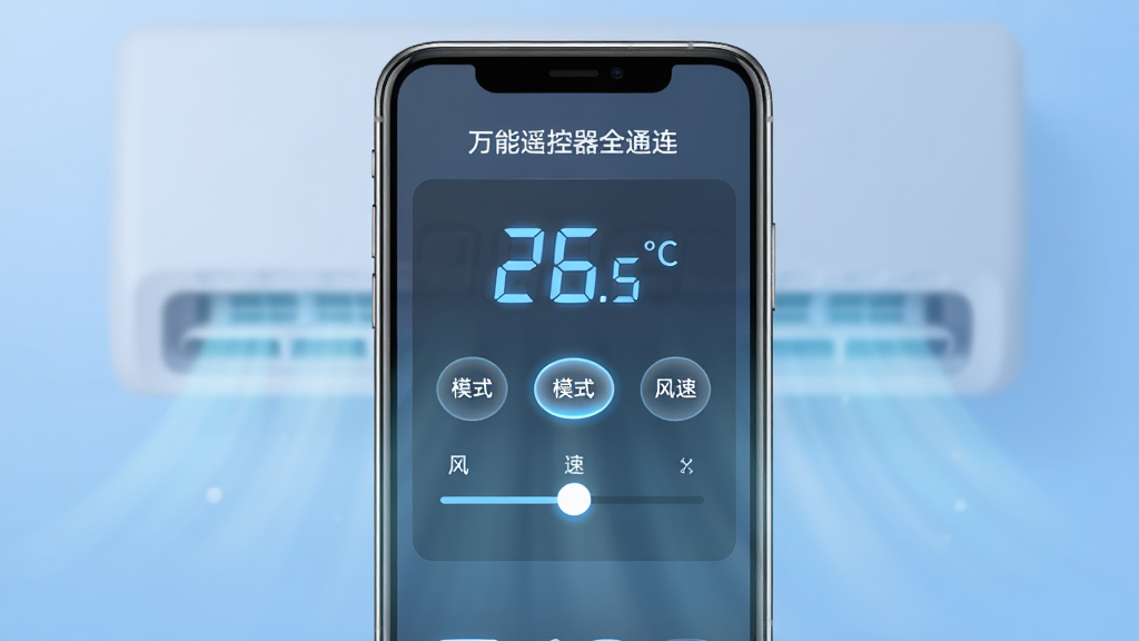 主体为手机屏幕上显示“万能遥控器全通连”空调控制面板,面板上有温度数字显示26.5℃、模式按钮、风速滑动条,背景为柔和的蓝色渐变,模拟空调出风效果,布局居中,排版简洁,风格写实,细节包含按钮发光效果,画质透亮干净,无多余元素。