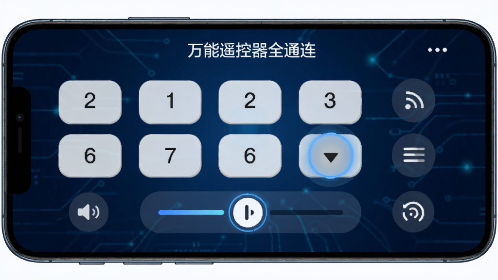 主体为手机屏幕显示“万能遥控器全通连”电视遥控界面,界面上有频道数字按键、音量调节条、信号源图标,背景为深蓝色科技风格,布局居中,排版规整,风格简约,细节包括按键按下时的光圈反馈,画质锐利干净,无多余元素。