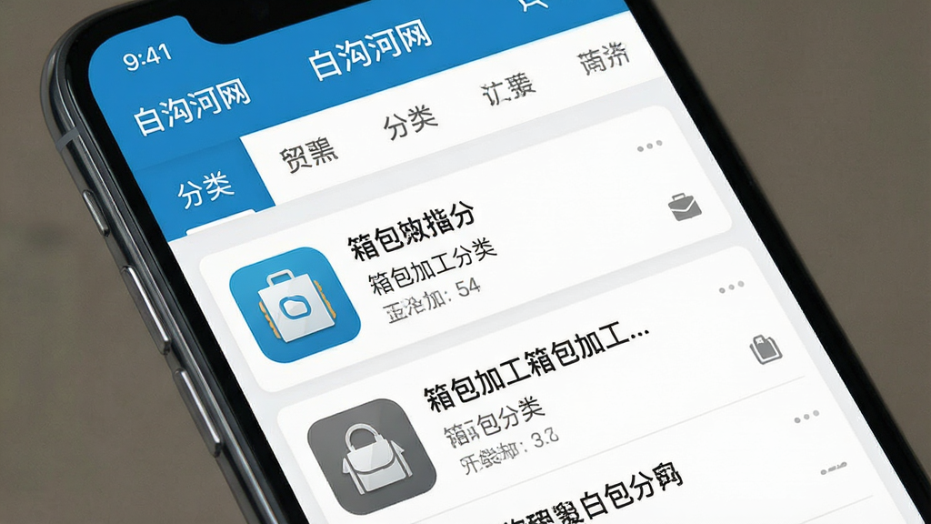 一张展示白沟河网APP界面的高清手机截图,主体为手机屏幕内的软件主界面,包含分类导航栏与信息列表,布局清晰整洁,风格现代简约,细节突出箱包加工分类图标,画质细腻干净,无多余元素,屏幕上显示“白沟河网”字样