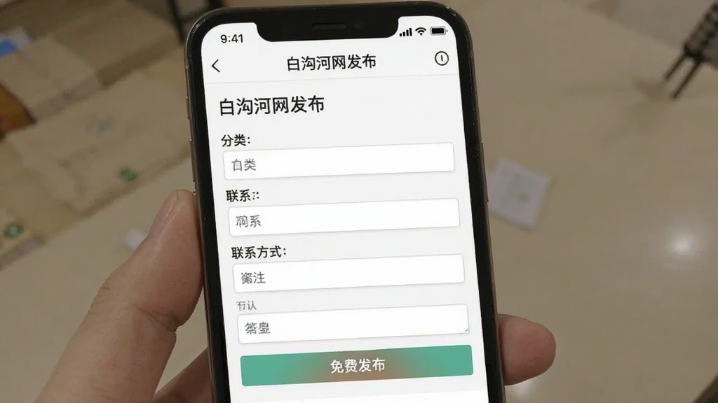 展示白沟河网发布信息页面的手机截图,主体为表单填写界面,包含标题、分类、联系方式等输入框,布局自上而下,排版规整,风格清爽,细节有“免费发布”按钮,画质干净,屏幕顶部显示“白沟河网发布”