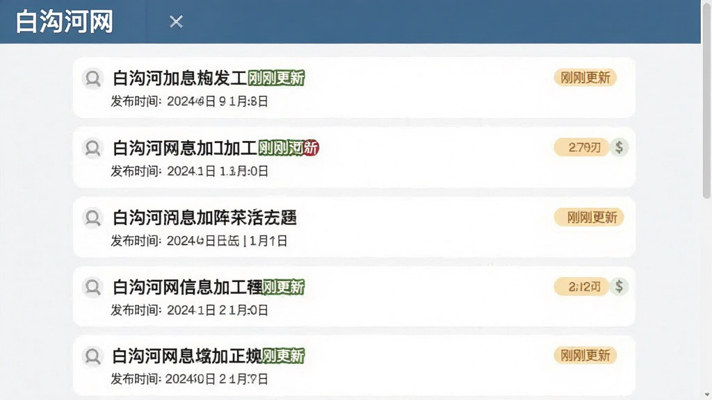 白沟河网信息列表界面截图,主体为滚动列表展示多条加工信息,每条包含标题和发布时间,布局为单列瀑布流,风格信息流样式,细节有“刚刚更新”标签,画质清晰,列表顶部显示“白沟河网”