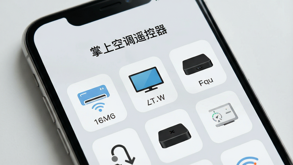 一张现代简约风格的智能手机屏幕特写,屏幕上清晰显示“掌上空调遥控器”APP的界面,界面中有空调、电视、机顶盒等多个设备图标,背景为浅灰色,布局干净,排版整齐,呈现出智能家居控制中心的感觉,画质高清,干净无多余元素。