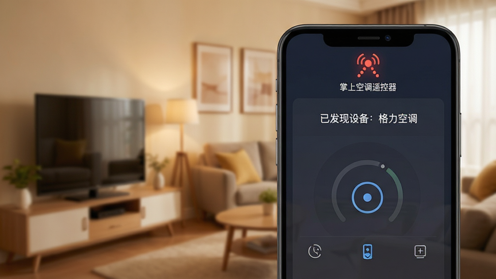 手机“掌上空调遥控器”APP正在扫描并匹配格力空调的界面,手机顶部有红外发射图标,界面显示“已发现设备:格力空调”,背景为暖色调的家庭客厅场景,布局直观,风格写实,画质清晰,干净无多余元素。