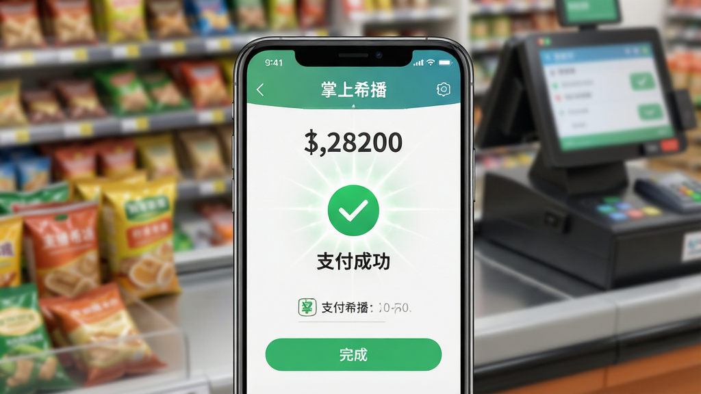 主体:一张放大的手机特写,屏幕显示“掌上希播”应用的付款成功界面,带有绿色的对勾标志和“支付成功”字样。布局:手机屏幕居中,背景为模糊的超市收银台环境,有商品和收银机轮廓。排版:付款界面简洁,上方为金额数字,下方为付款方式和“完成”按钮。风格:写实与UI结合风格,突出科技感与安全感。细节:屏幕上有“掌上希播”水印,光效聚焦在成功标志上。画质:高清渲染,色彩真实,干净,无多余元素。
