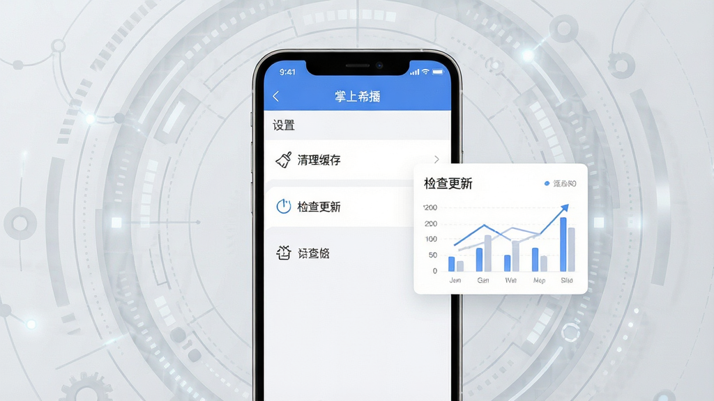 主体:智能手机上运行“掌上希播”应用,屏幕展示“设置”页面,包含“清理缓存”、“检查更新”等选项,旁边有数据图表。布局:手机居中,屏幕内容清晰可见,背景为淡灰色科技感圆环。排版:设置项以列表排列,图标线条简约。风格:UI设计稿风格,高保真。细节:屏幕上有“掌上希播”字样,背景有轻微网格纹理。画质:4K超清,干净,无多余元素。
